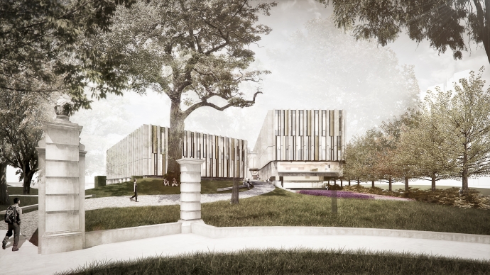 Rendering of the Jackman Law Building and new library, view from Hoskin Street.