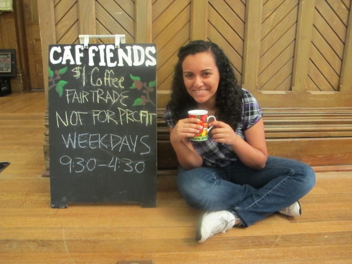 Katherine Georgious with her coffee mug by Caffiends.